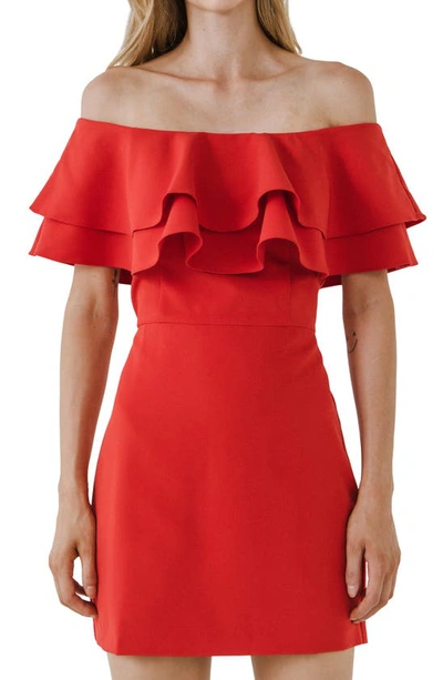 Shop Endless Rose Ruffle Off The Shoulder Minidress In Tomato