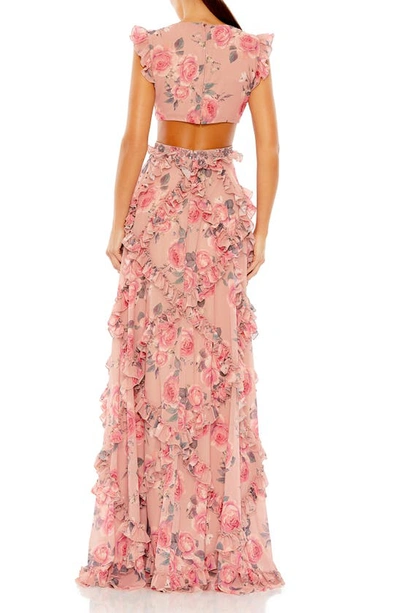 Shop Mac Duggal Floral Ruffle Cutout Chiffon A-line Gown In Rose Multi