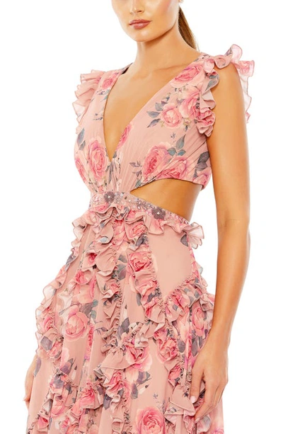 Shop Mac Duggal Floral Ruffle Cutout Chiffon A-line Gown In Rose Multi