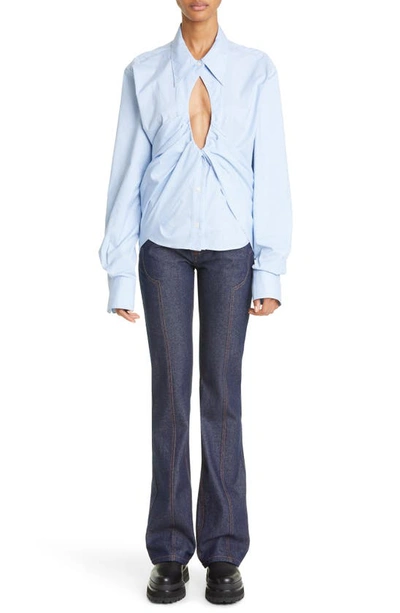 K.ngsley Gender Inclusive The Girl Cutout Button-up Shirt In White/ Blue