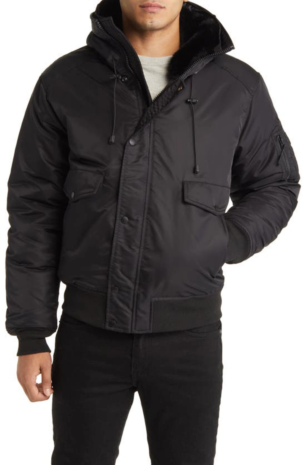 Schott N-2b Hooded Flight Jacket With Faux Fur Trim In Black
