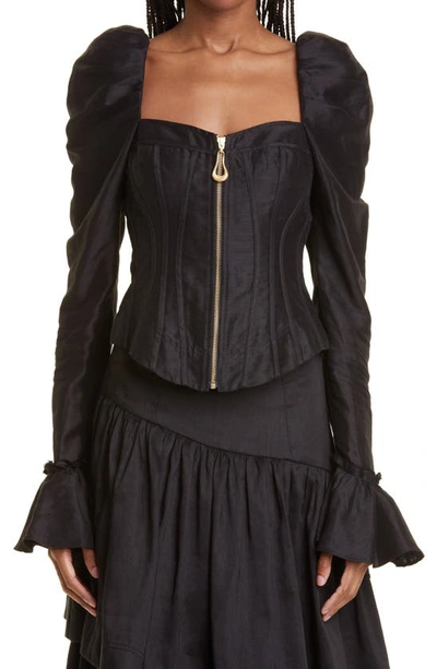 Shop Aje Giselle Puff Shoulder Linen Blend Corset Top In Black