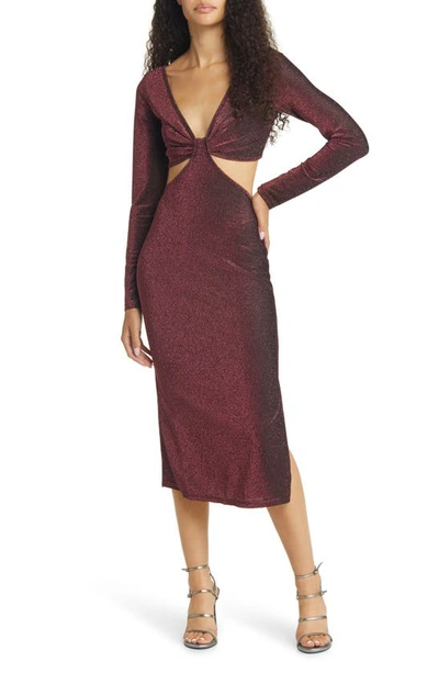 Shop Lulus Sparks Of Love Cutout Metallic Long Sleeve Midi Cocktail Dress In Metallic Burgundy