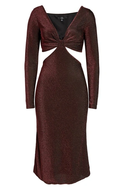 Shop Lulus Sparks Of Love Cutout Metallic Long Sleeve Midi Cocktail Dress In Metallic Burgundy