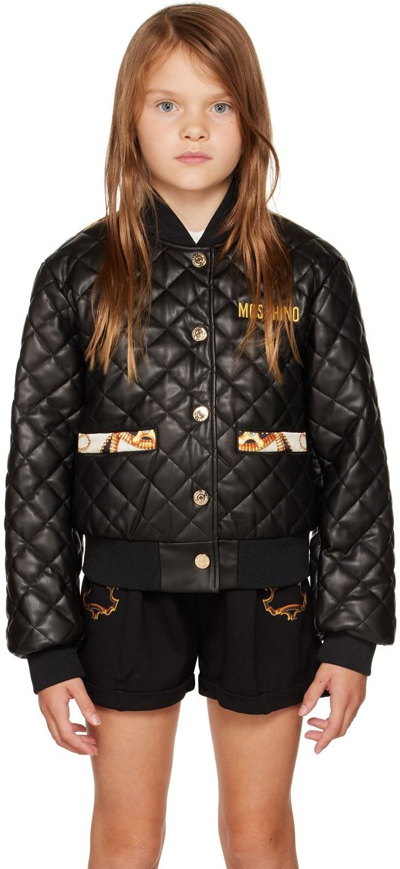 Shop Moschino Kids Black Printed Faux-leather Jacket In Var. 60100 Black