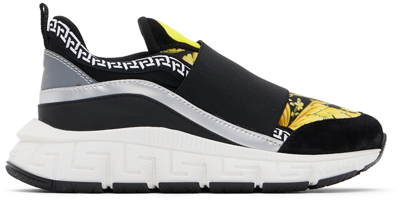 Shop Versace Kids Black & Yellow Barocco Trigreca Sneakers In 5b750