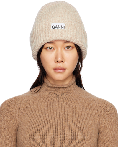 Ganni Logo-patch Ribbed-knit Beanie In Beige | ModeSens