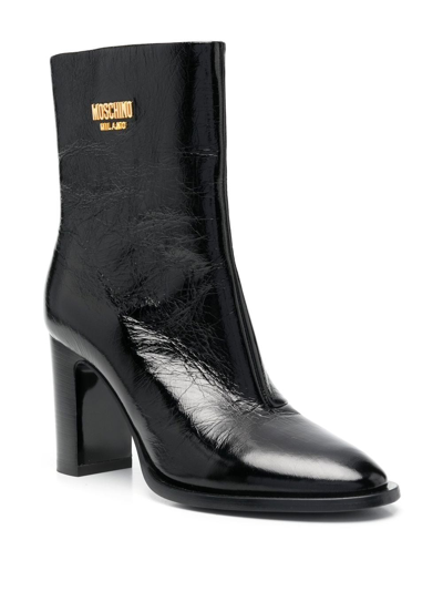 Shop Moschino Logo-plaque Leather Ankle Boots In Black