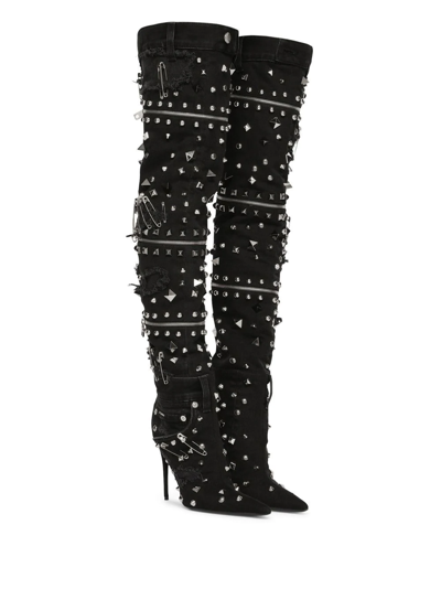Shop Dolce & Gabbana Patchwork-denim 105mm Boots In Black