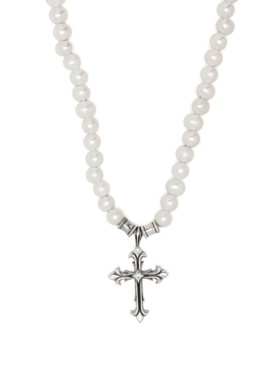 Shop Emanuele Bicocchi Cross Pendant Pearl Necklace In White
