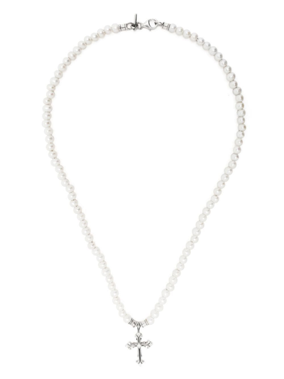 Shop Emanuele Bicocchi Cross Pendant Pearl Necklace In White