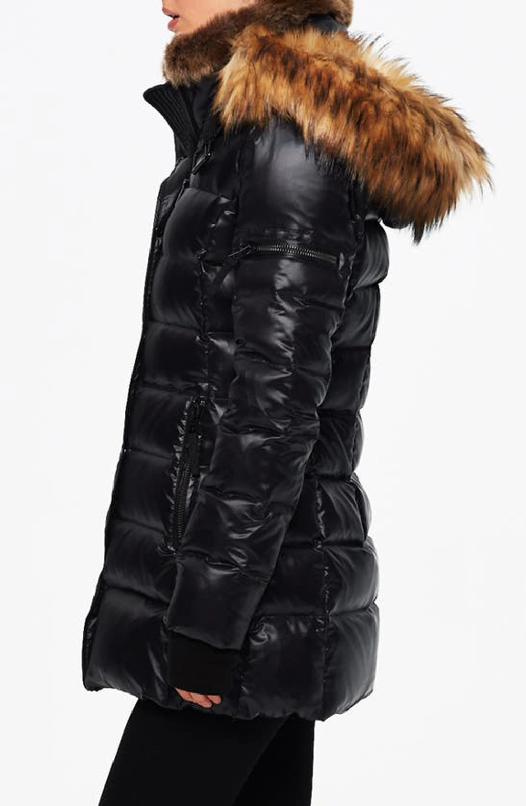 S13 Chelsea High shine Faux fur trim Hooded Down Puffer Coat In Jet ModeSens