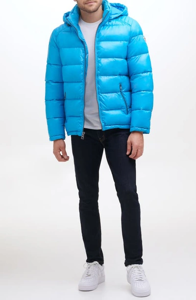 Shop Guess Hooded Solid Puffer Jacket In Sky