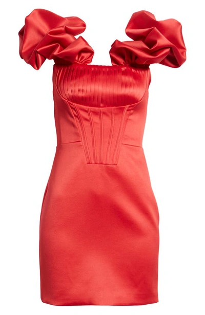 Shop Lavish Alice Corset Off The Shoulder Puff Sleeve Satin Minidress In Red