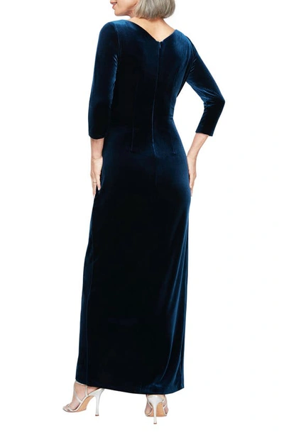 Shop Alex Evenings Ruched Three-quarter Sleeve Velvet Gown In Imperial