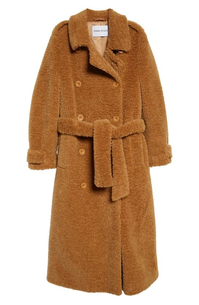 Shop Stand Studio Towa Double Breasted Belted Faux Fur Trench Coat In Nougat