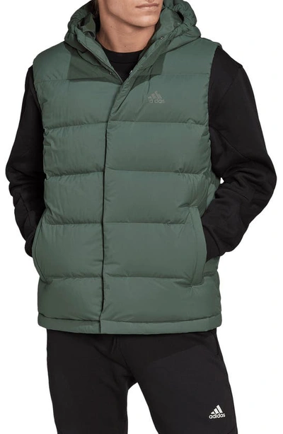 Shop Adidas Originals Helionic 600 Fill Power Down Vest In Green Oxide