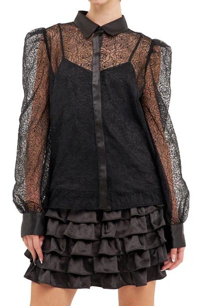 Endless Rose Embroidered Floral Button Up Shirt In Black