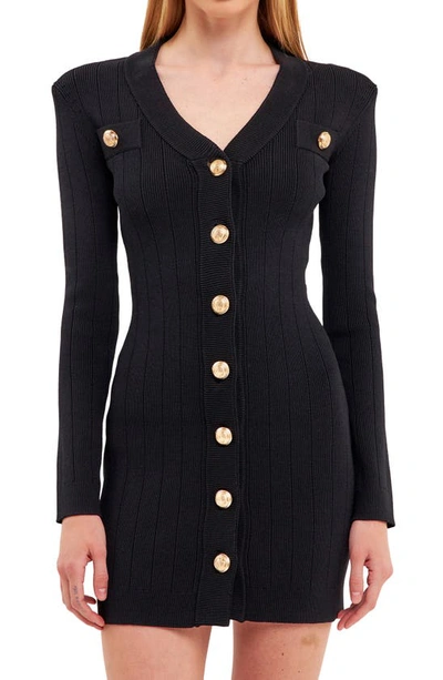 Endless Rose Padded Shoulder Long Sleeve Button-up Sweater Minidress In Black