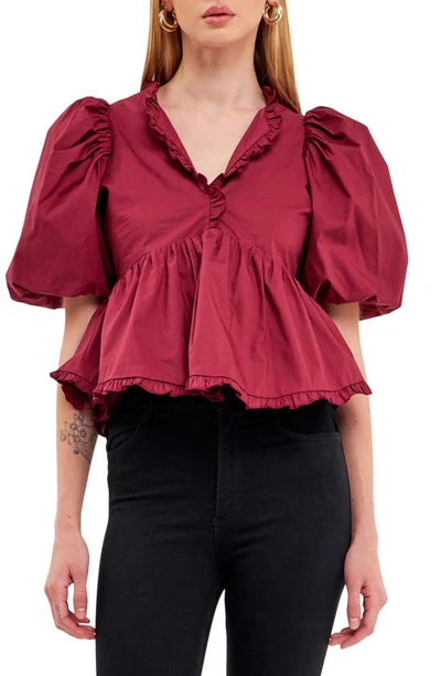 Endless Rose Ruffle Trim Puff Sleeve Peplum Cotton Top In Burgundy
