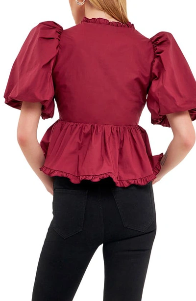 Endless Rose Ruffle Trim Puff Sleeve Peplum Cotton Top In Burgundy