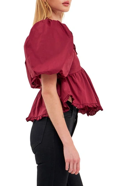 Endless Rose Ruffle Trim Puff Sleeve Peplum Cotton Top In Burgundy