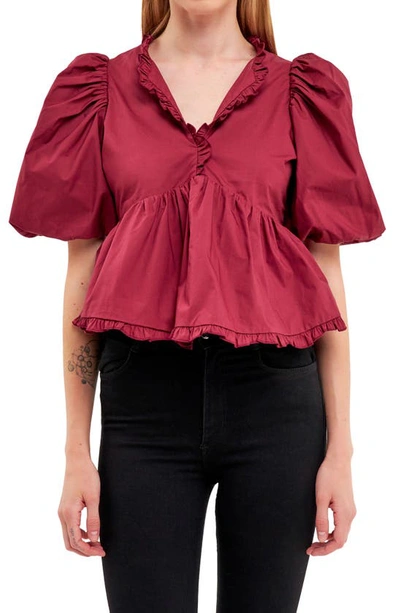 Endless Rose Ruffle Trim Puff Sleeve Peplum Cotton Top In Burgundy