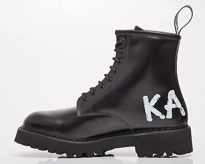 Pre-owned Karl Lagerfeld Troupe Brush Logo Boot Hi Women's Black Leather Shoes Boots