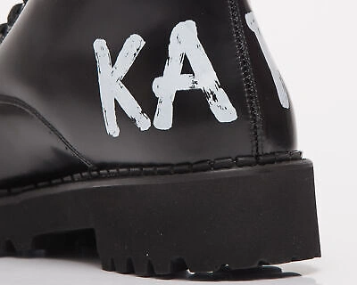 Pre-owned Karl Lagerfeld Troupe Brush Logo Boot Hi Women's Black Leather Shoes Boots