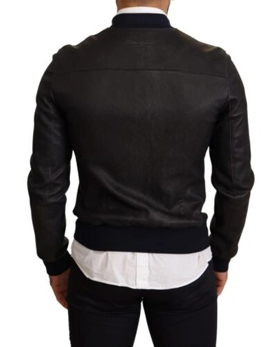 Pre-owned Dolce & Gabbana Dolce&gabbana Men Navy Blue Biker Jacket 100% Leather Full Zip Slim Fit Bomber