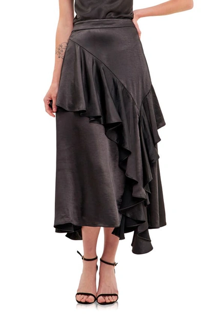 Shop Endless Rose Waterfall Ruffle Satin Maxi Skirt In Black