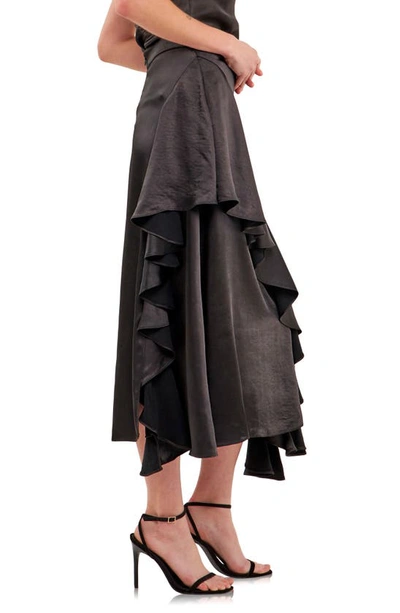 Endless Rose Waterfall Ruffle Satin Maxi Skirt In Black