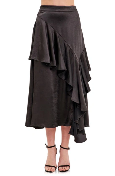 Endless Rose Waterfall Ruffle Satin Maxi Skirt In Black