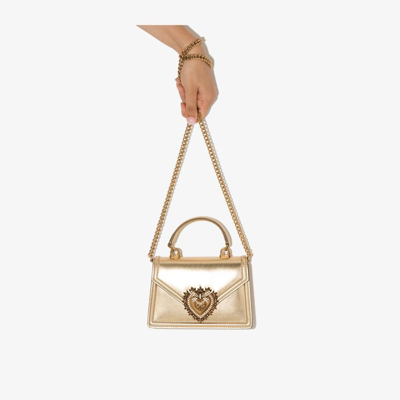 Shop Dolce & Gabbana Gold Small Devotion Leather Shoulder Bag