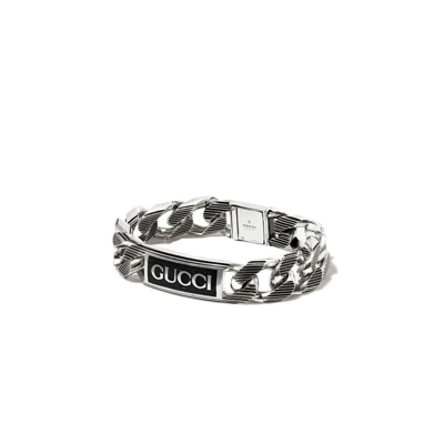 Shop Gucci Sterling Silver Enamel Tag Bracelet