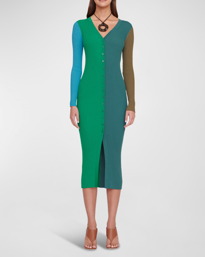 Shop Staud Shoko Ribbed Colorblock Sweater Dress In Fern Multi