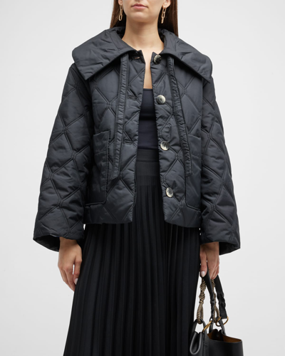 Shop Ganni Quilted Oversized Collar Jacket In Black