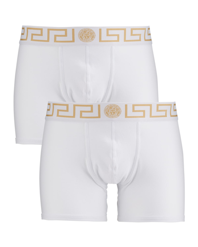 Shop Versace Two-pack Greca Border Long Boxer Trunks In White