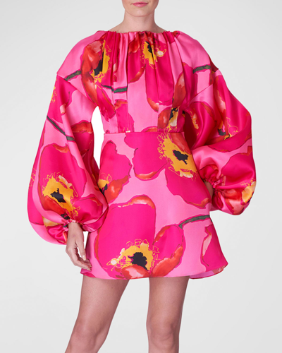 Shop Carolina Herrera Floral-print Balloon-sleeve Silk Mini Dress In Pink Multi