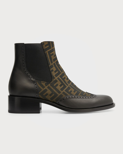 Shop Fendi Men's Stivaletto Leather & Textile Monogram Chelsea Boots In Nerotabac Neroner
