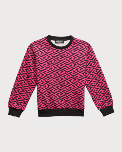 Shop Versace Girl's La Greca Crewneck Sweater In Nero/fuchsia