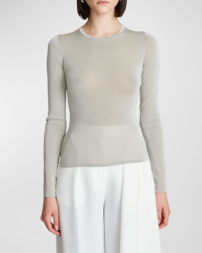 Shop Halston Lucia Long-sleeve Shimmer Top In Ivorysilver