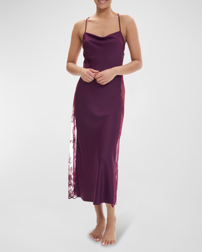 Shop Rya Collection Darling Lace-inset Satin Gown In Aubergine
