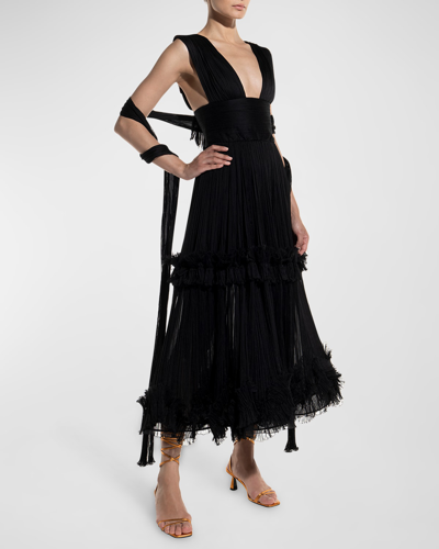 Shop Maria Lucia Hohan Tania Plunging Tiered-ruffle Tea-length Dress W/ Shawl In Black
