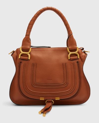 Shop Chloé Marcie Small Double Carry Satchel Bag In Grained Leather In Tan