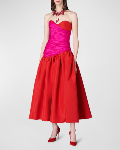 Shop Carolina Herrera Strapless Ruched-bodice Fit-&-flare Midi Dress In Poppy