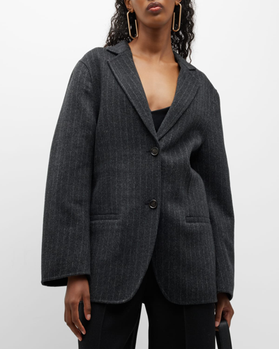 Shop Totême Pinstripe Brushed Wool Longline Blazer In Dark Grey Pinstri
