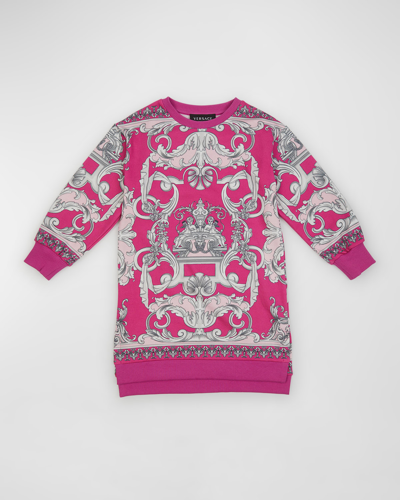 Shop Versace Girl's Baroque-print Sweater Dress In Fuschia