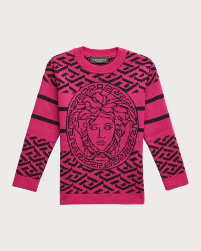 Shop Versace Girl's Ribbed Greca-print Medusa Head Sweater In Fuchsia/black