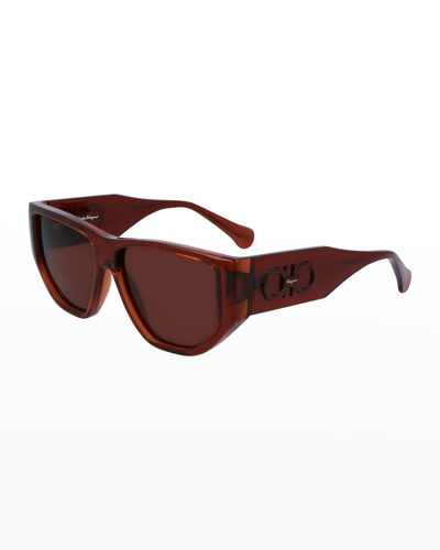 Shop Ferragamo Monochrome Rectangle Plastic Sunglasses In Transparent Brown